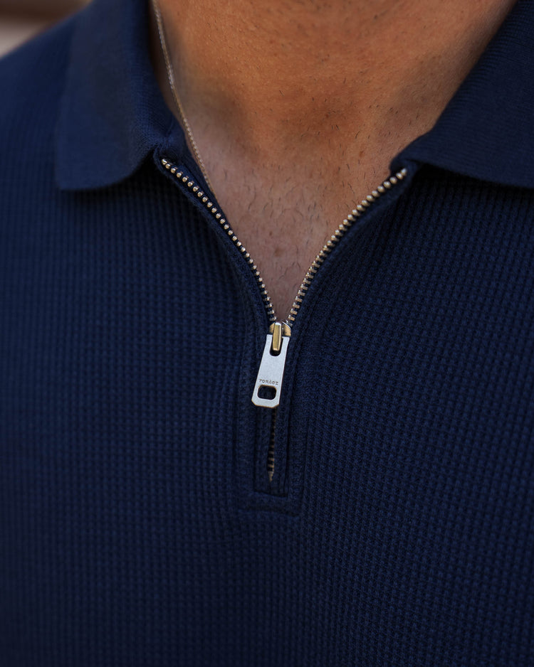 Waffle Zip Polo (Navy)