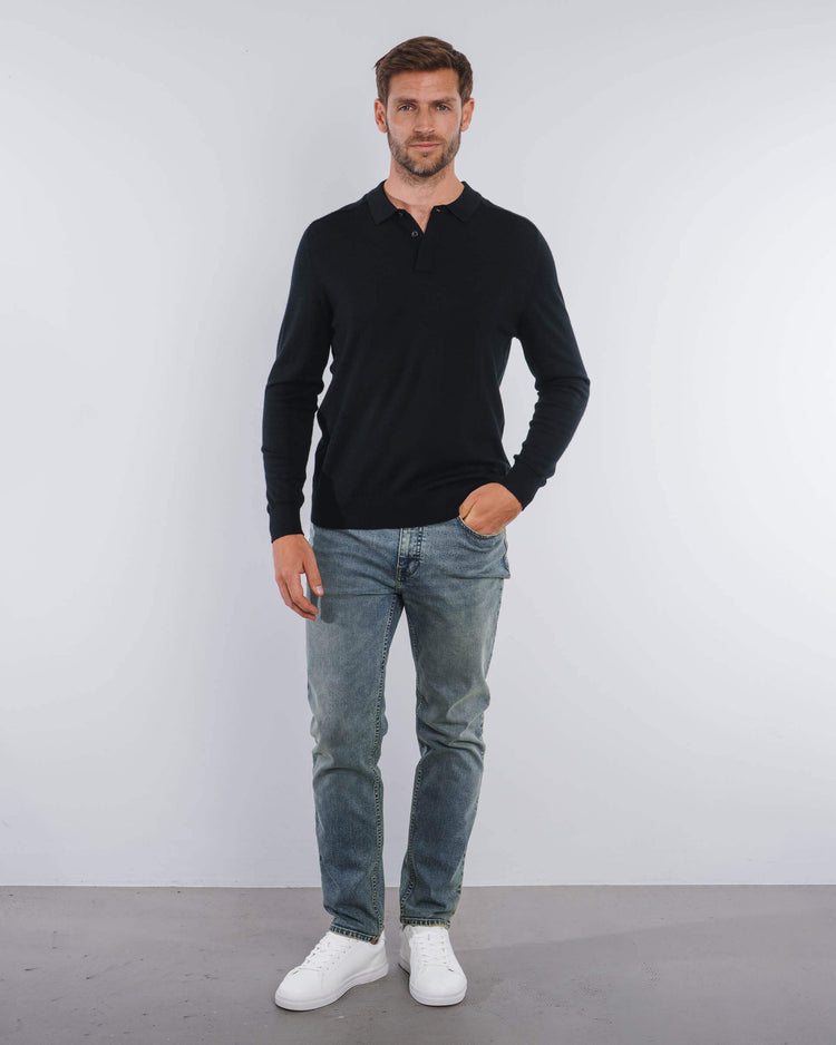 Merino Concealed Placket Polo (Black)