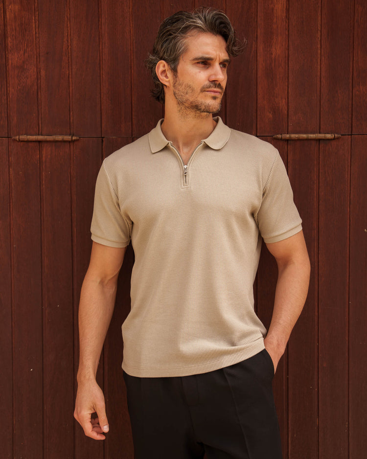 Waffle Zip Polo (Taupe)