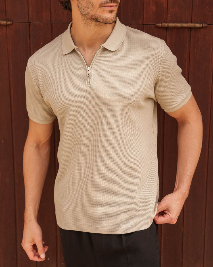 Waffle Zip Polo (Taupe)