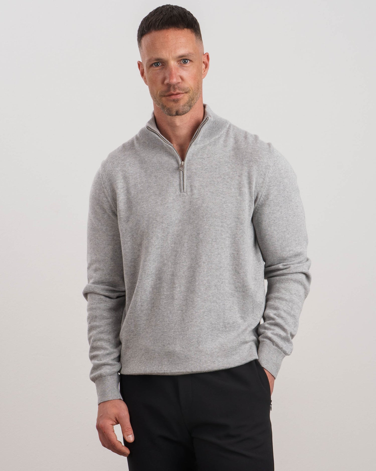 Half-Zip Strickpullover Herren in Hellgrau Meliert Herren