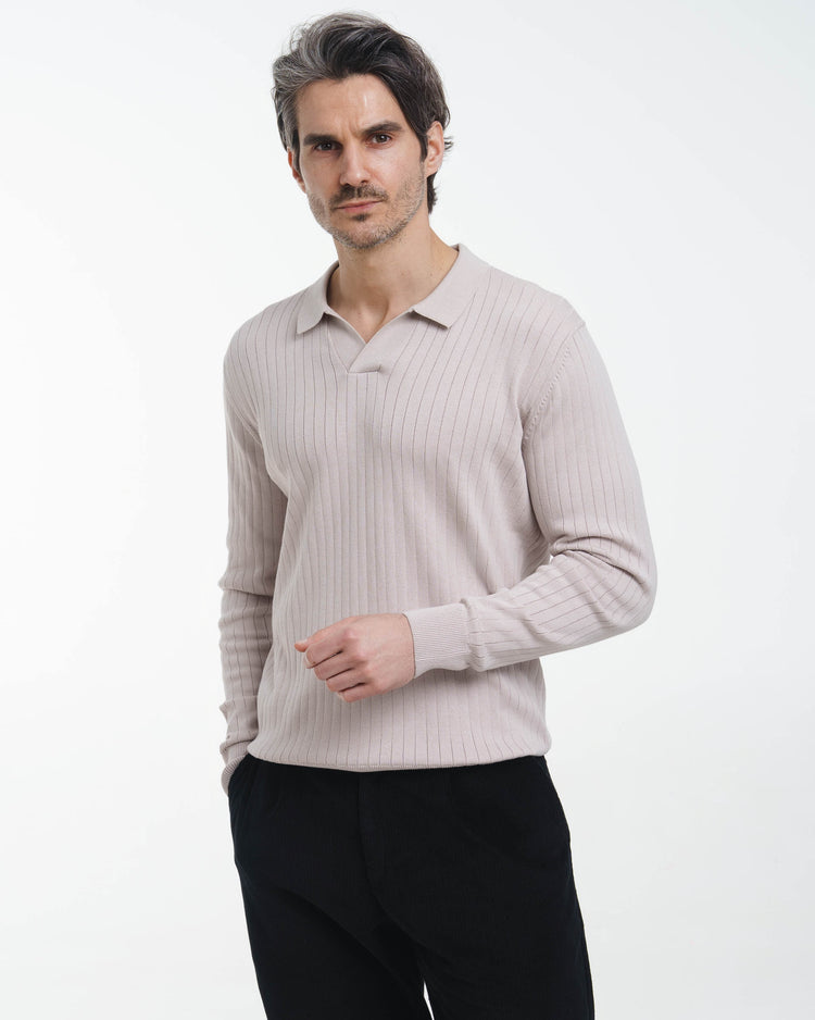 Wide Rib Knit Polo (Greige)