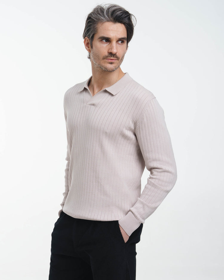 Wide Rib Knit Polo (Greige)
