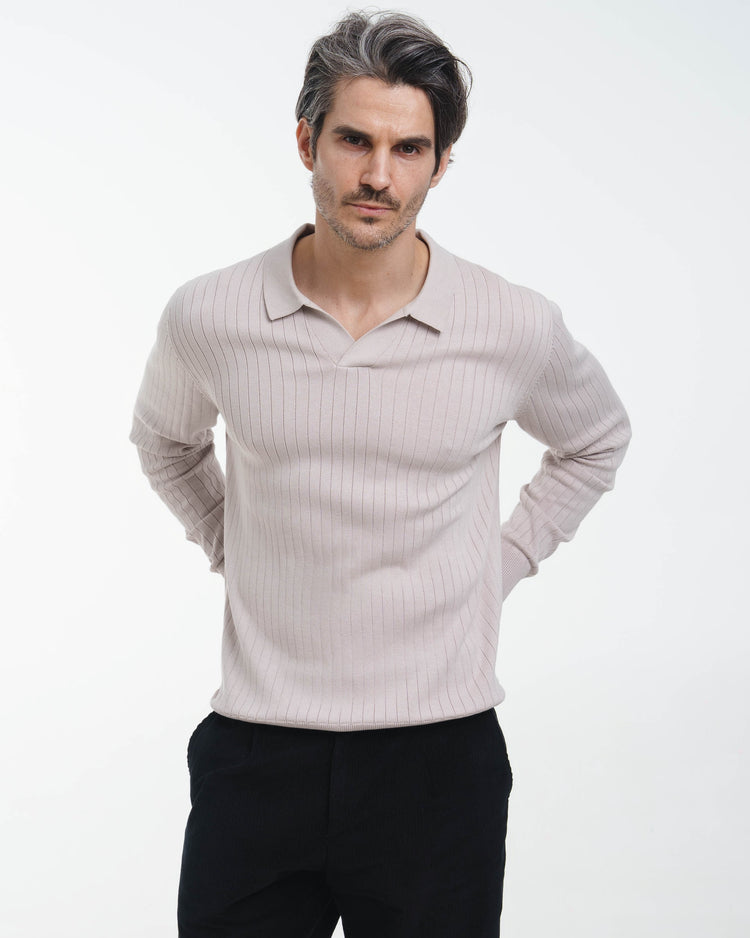 Wide Rib Knit Polo (Greige)