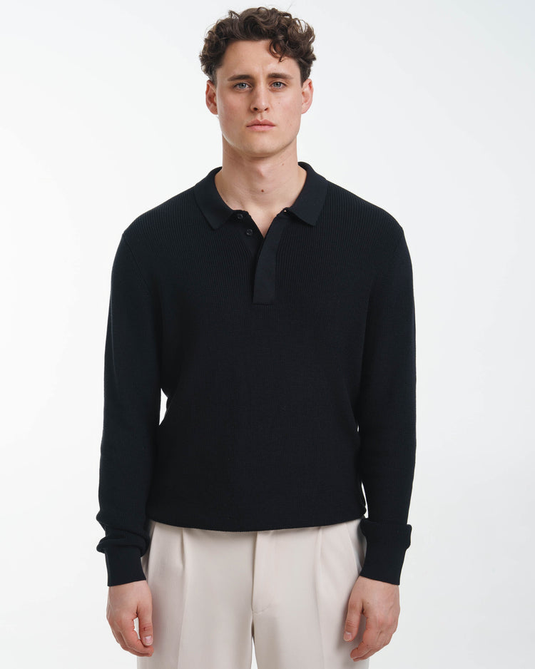 Concealed Placket Knit Polo (Black)