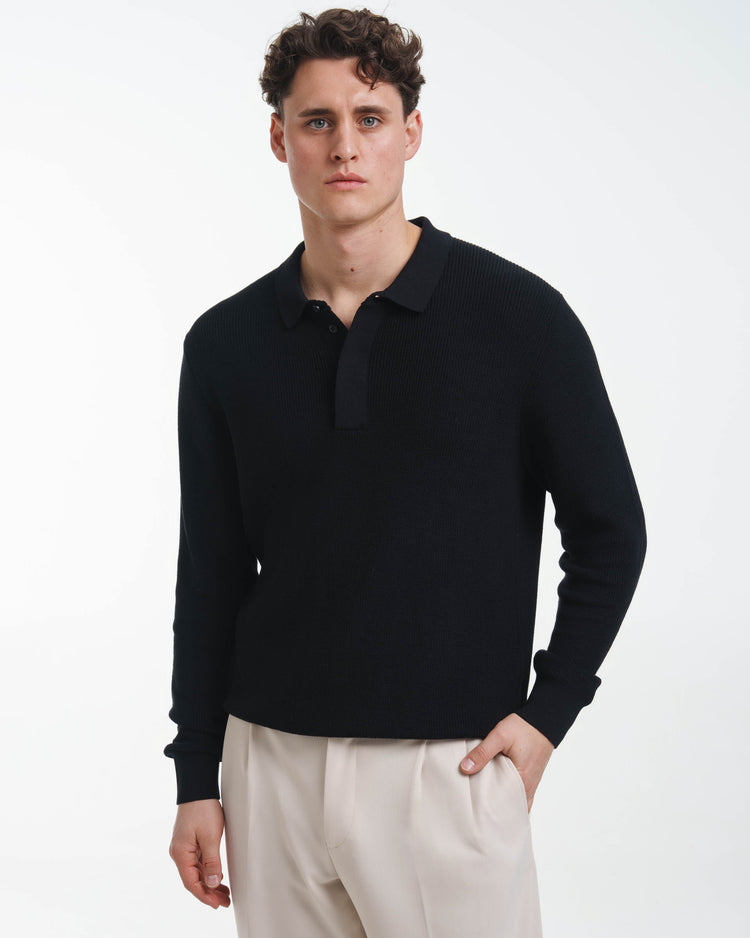 Concealed Placket Knit Polo (Black)