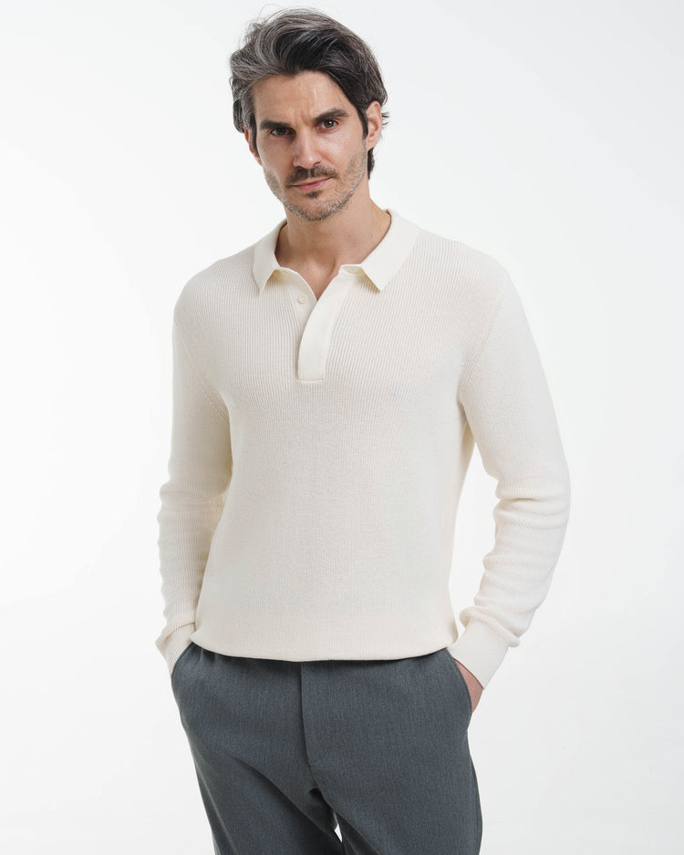 Concealed Placket Knit Polo (Off-White)
