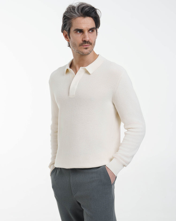 Concealed Placket Knit Polo (Off-White)
