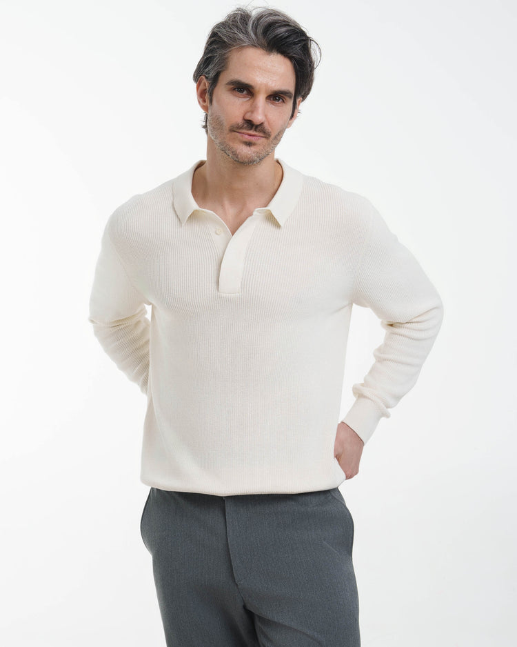 Concealed Placket Knit Polo (Off-White)