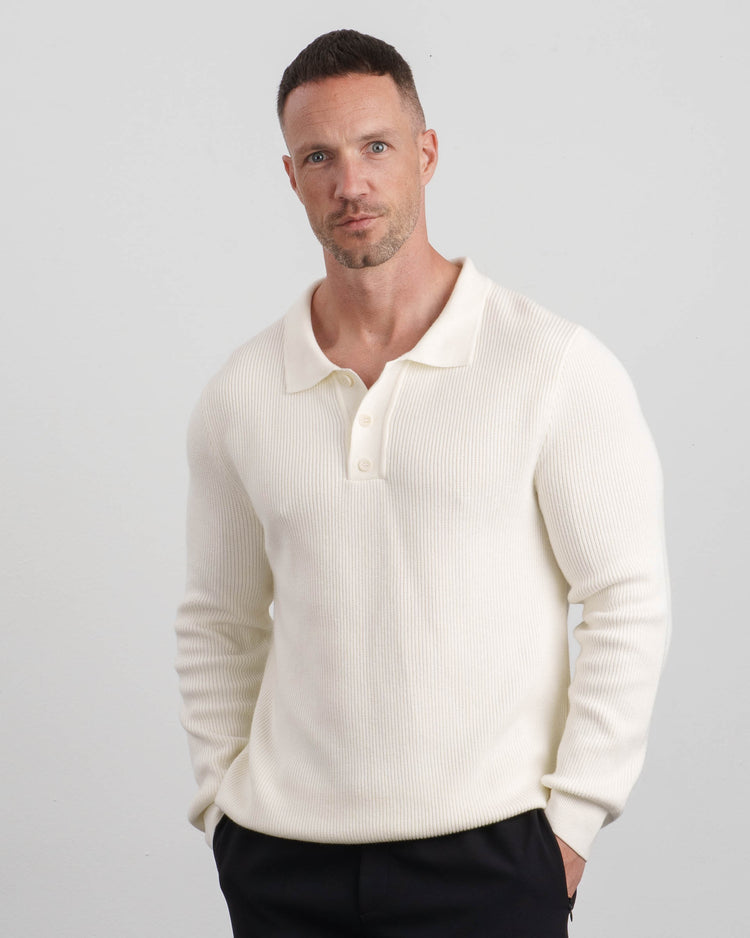 Ribbed Knit Polo (Off-white)