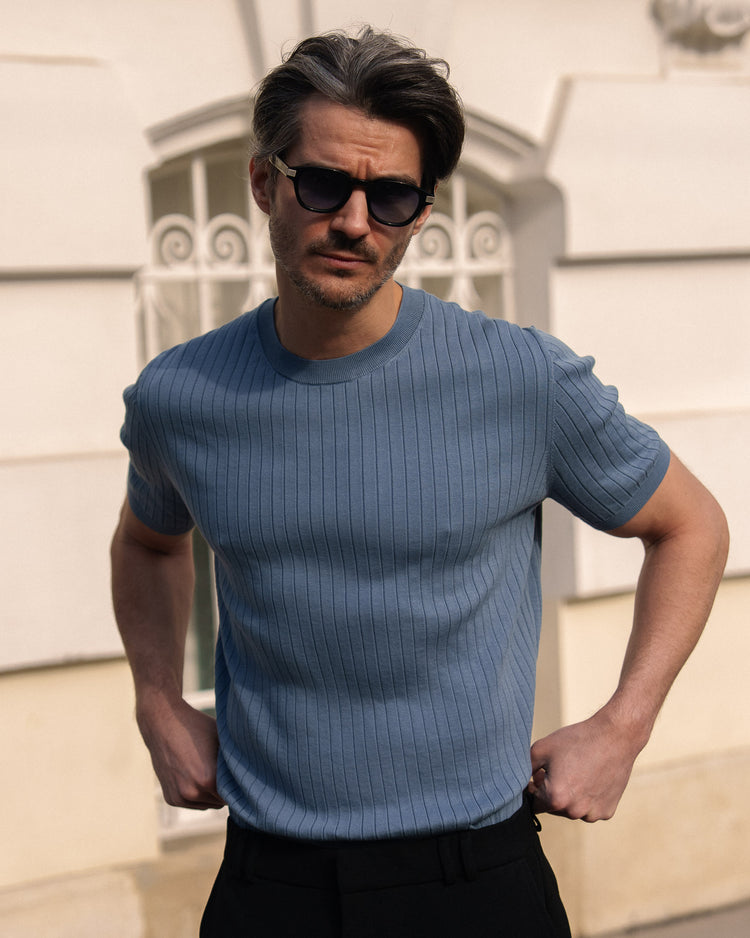 Wide Rib Knit T-Shirt (Blue)