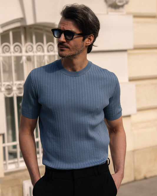 Wide Rib Knit T-Shirt (Blue)