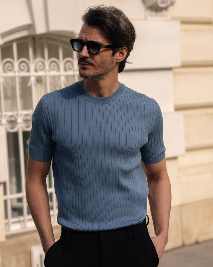 Wide Rib Knit T-Shirt (Blue)