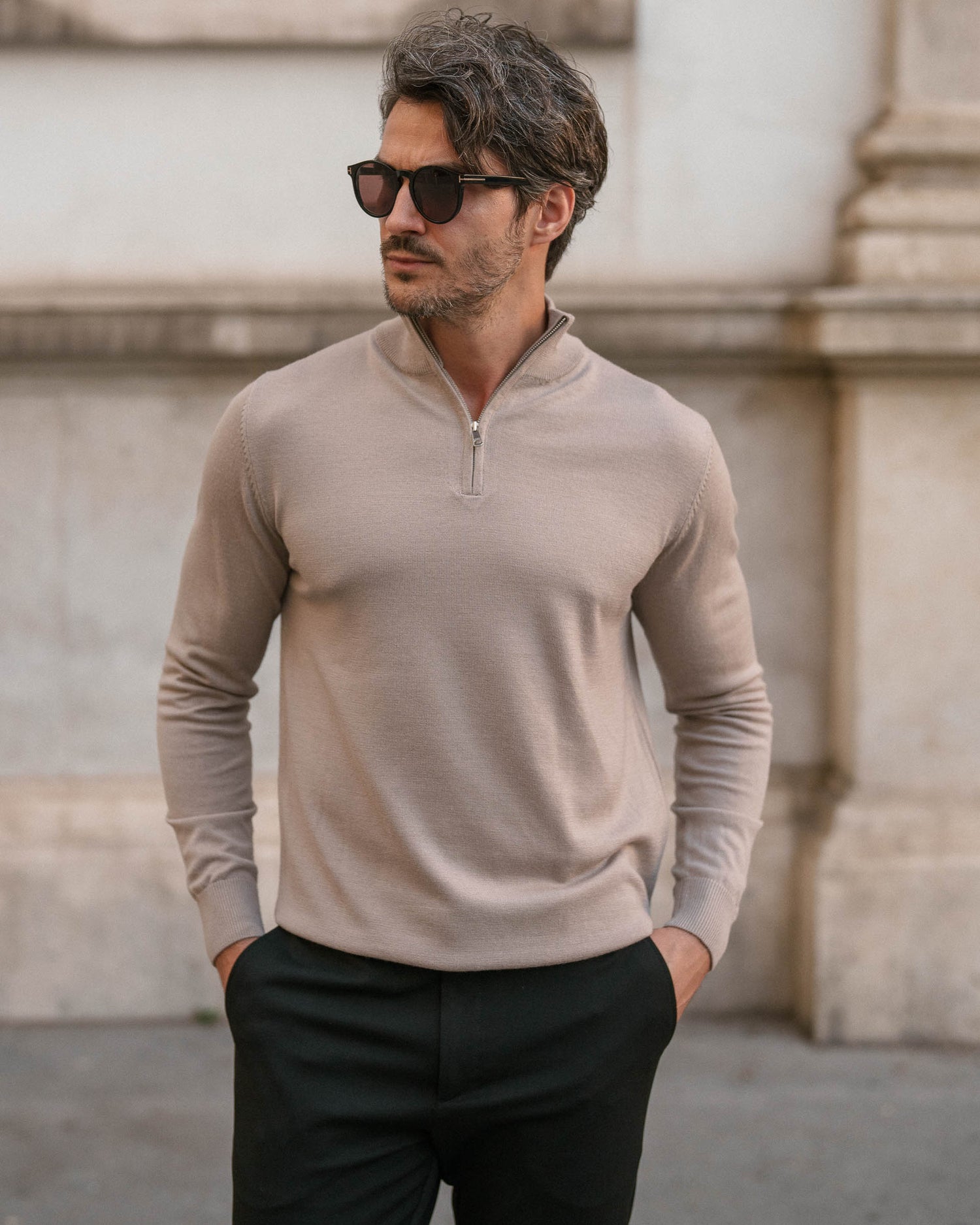 Merino Half-Zip Strickpullover Herren in Taupe Herren Pullover