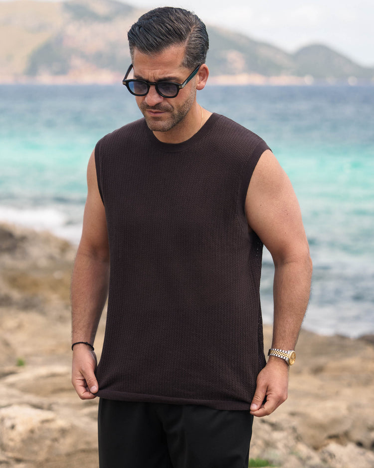 Mesh Knit Sleeveless Shirt (Brown)