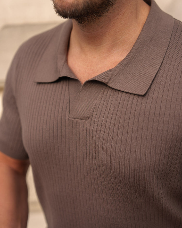 Wide Rib Knit Polo Shirt (Mocha)