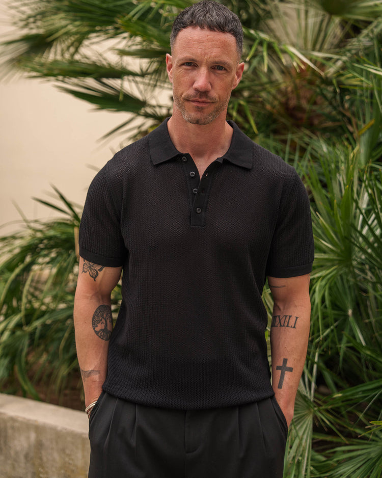 Mesh Knit Polo Shirt (Black)