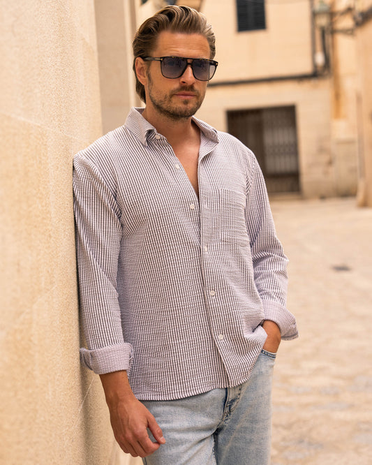 Striped Long Sleeve Shirt (Brown/White)