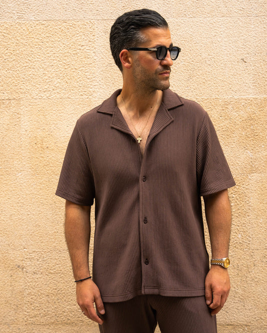 Plissee Short Sleeve Shirt (Brown)