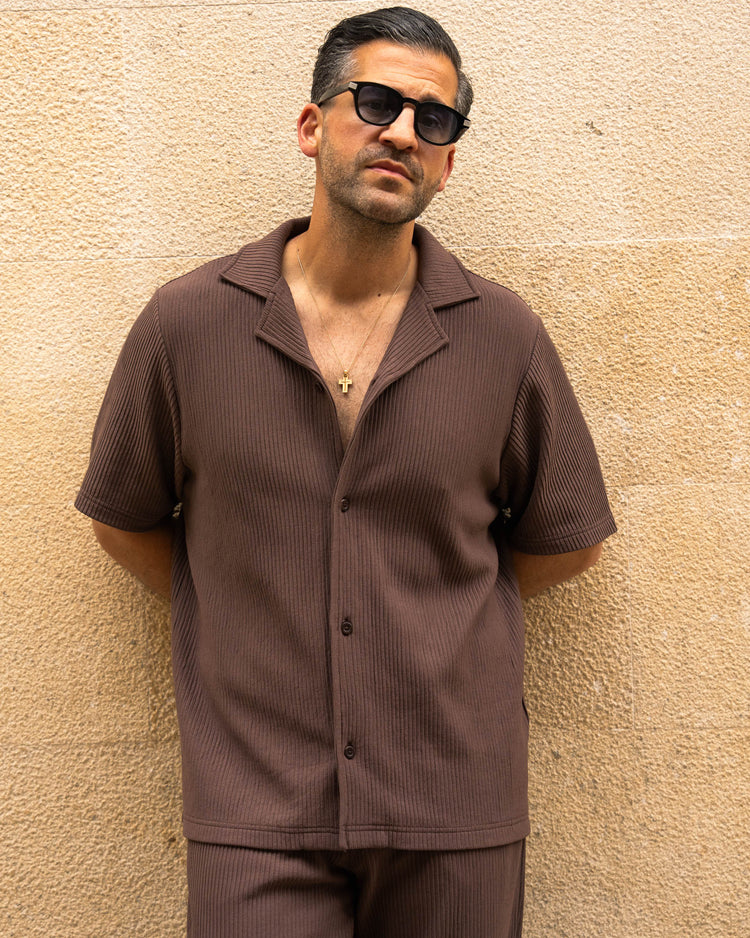 Plissee Set Short Sleeve Shirt + Pants (Brown)