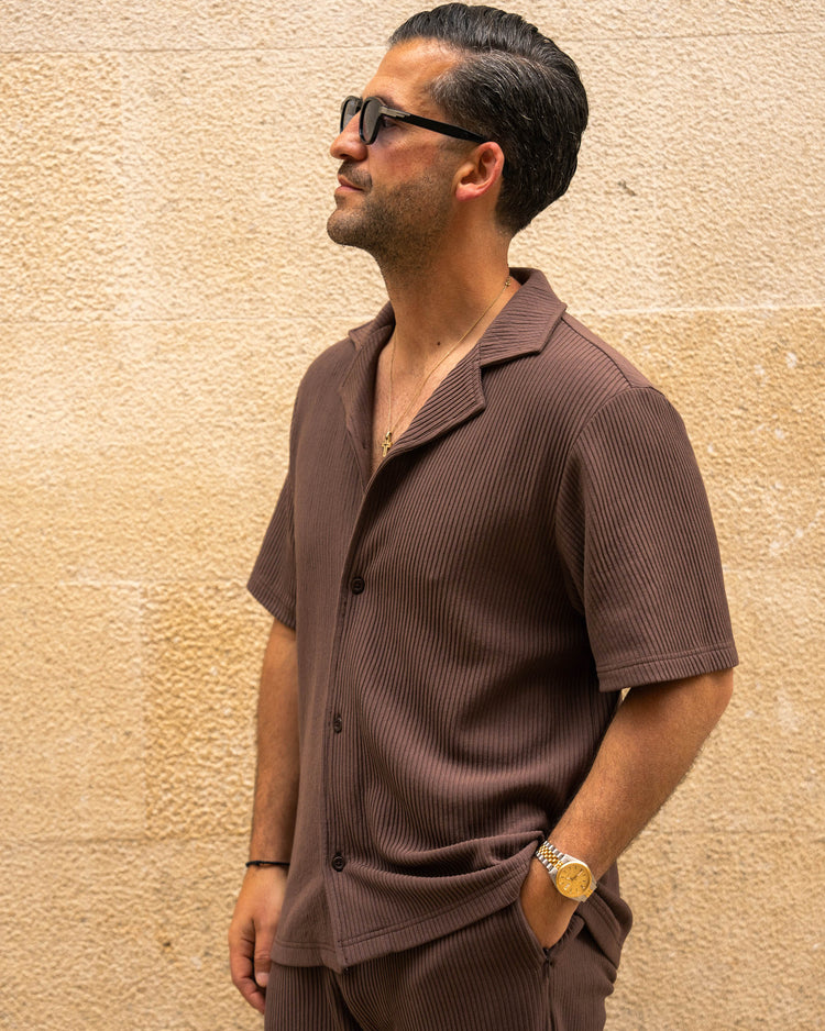 Plissee Set Short Sleeve Shirt + Pants (Brown)