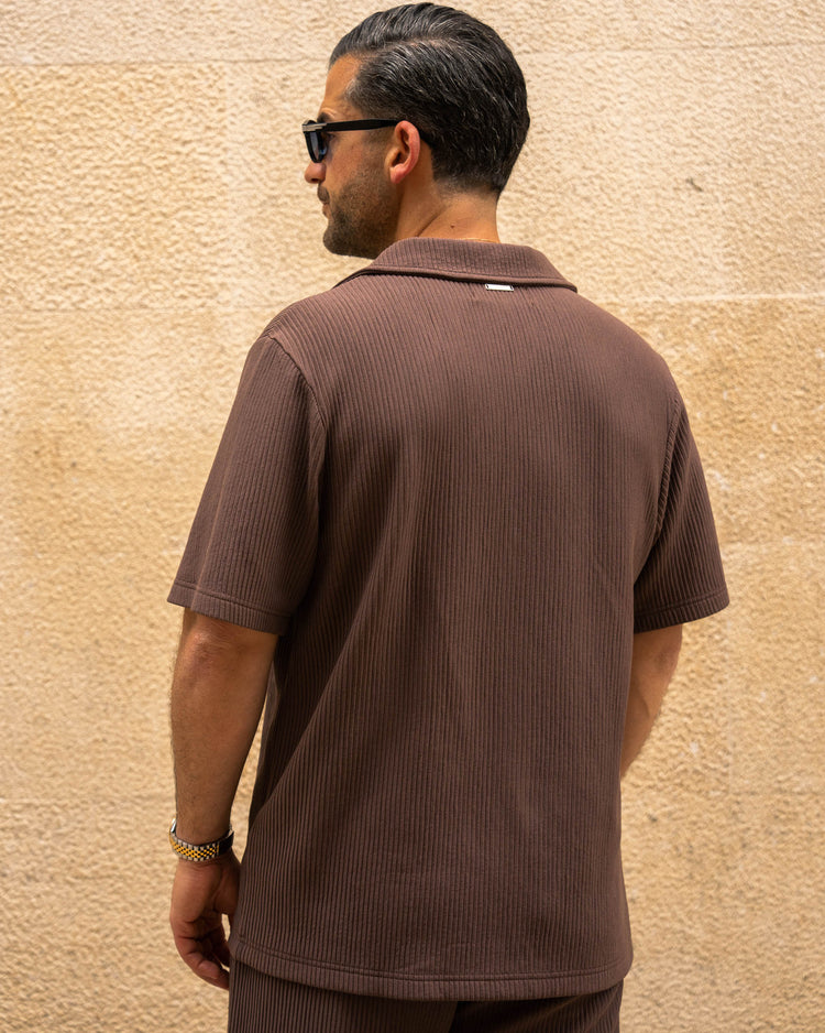 Plissee Set Short Sleeve Shirt + Pants (Brown)