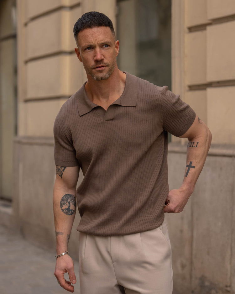 Wide Rib Knit Polo Shirt (Mocha)