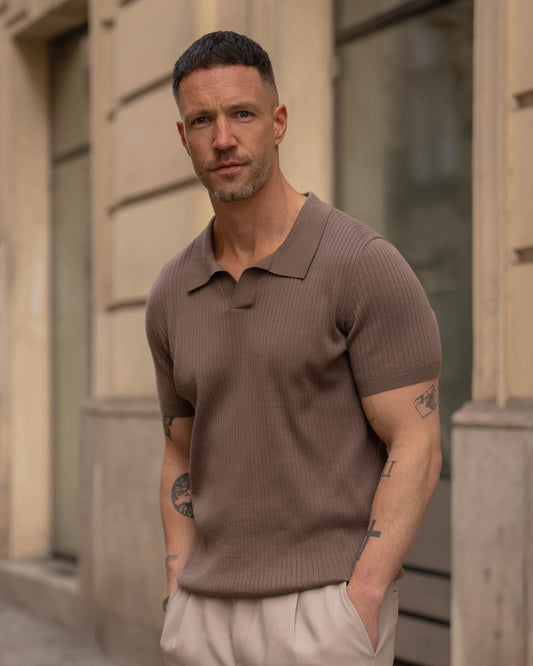 Wide Rib Knit Polo Shirt (Mocha)