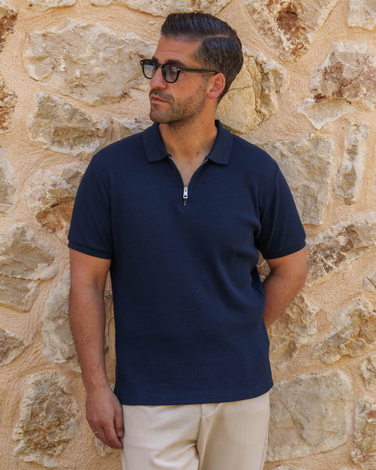 Waffle Zip-Polo (Navy)