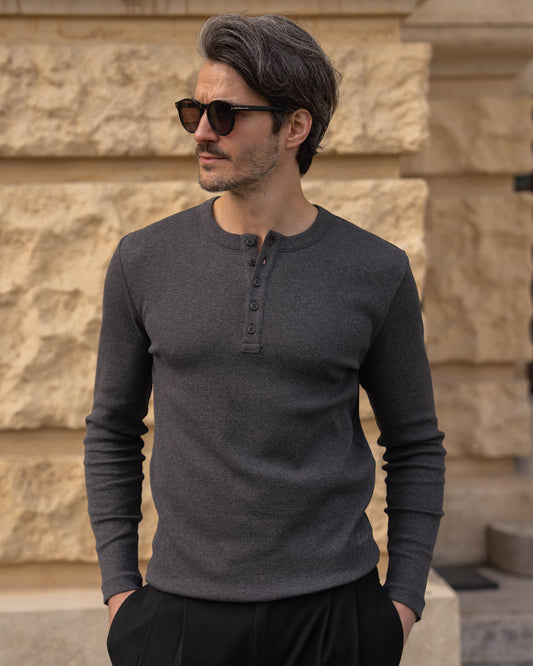Fine Rib Henley Longsleeve (Dark Grey Melange)