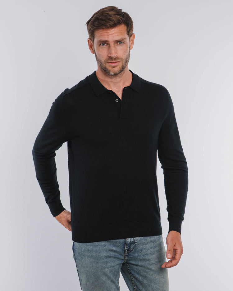 Merino Concealed Placket Polo (Black)