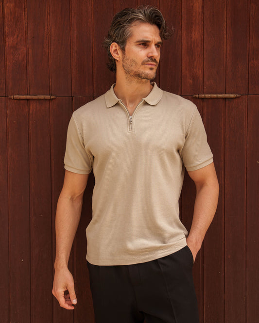 Waffle Zip-Polo (Taupe)