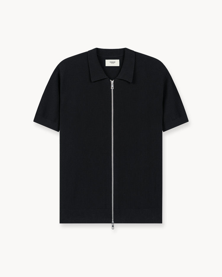 Rib Knit Zip-Poloshirt  (black)