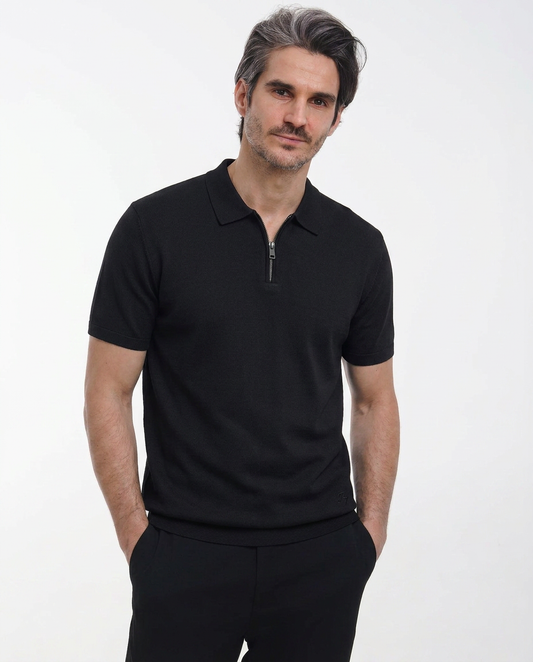 Flat Knit Zip-Polo (Black)